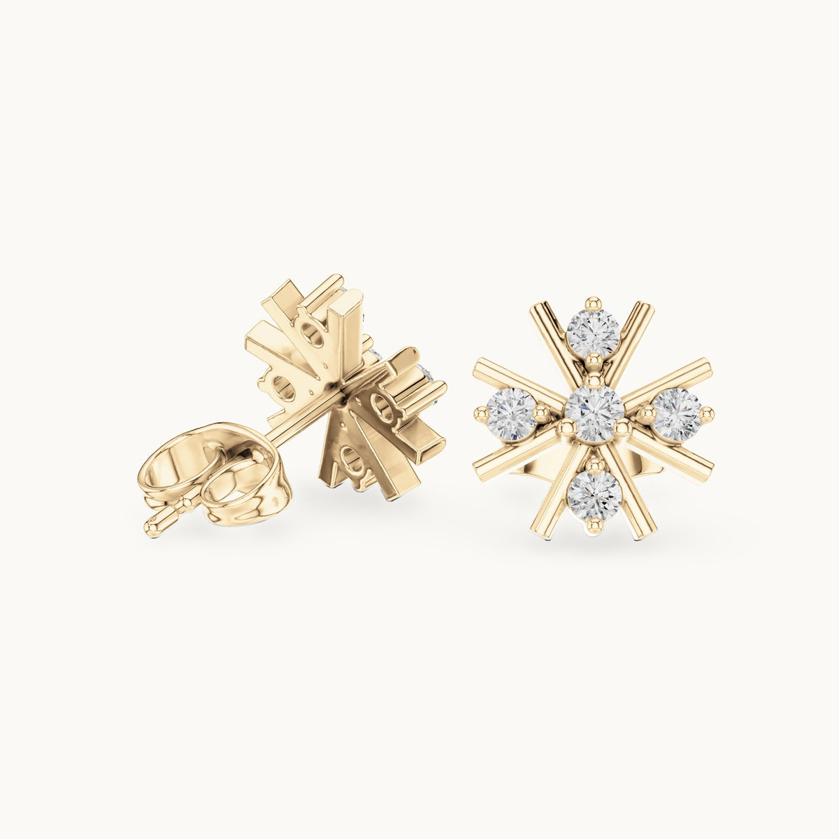 Round lab-grown diamond starburst stud earrings in yellow gold, 0.32 CT TW, view 1