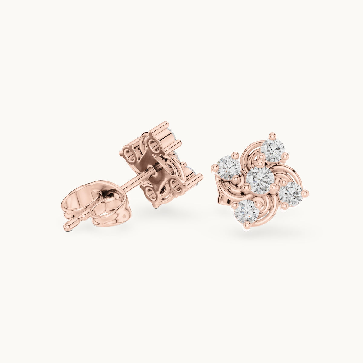 Round lab-grown diamond swirl cluster stud earrings in rose gold, 0.33 CT TW, view 1