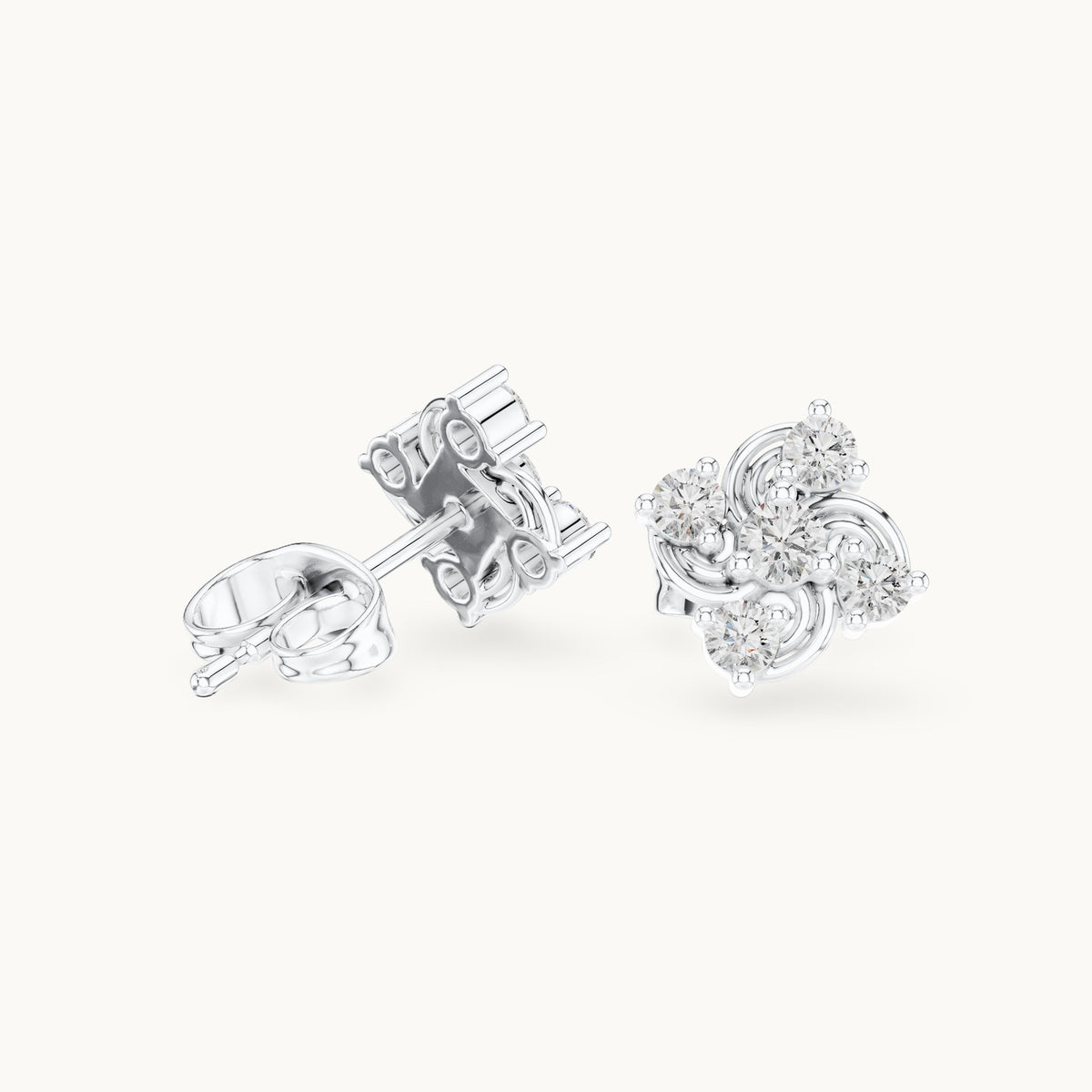 Round lab-grown diamond swirl cluster stud earrings in white gold, 0.33 CT TW, view 1