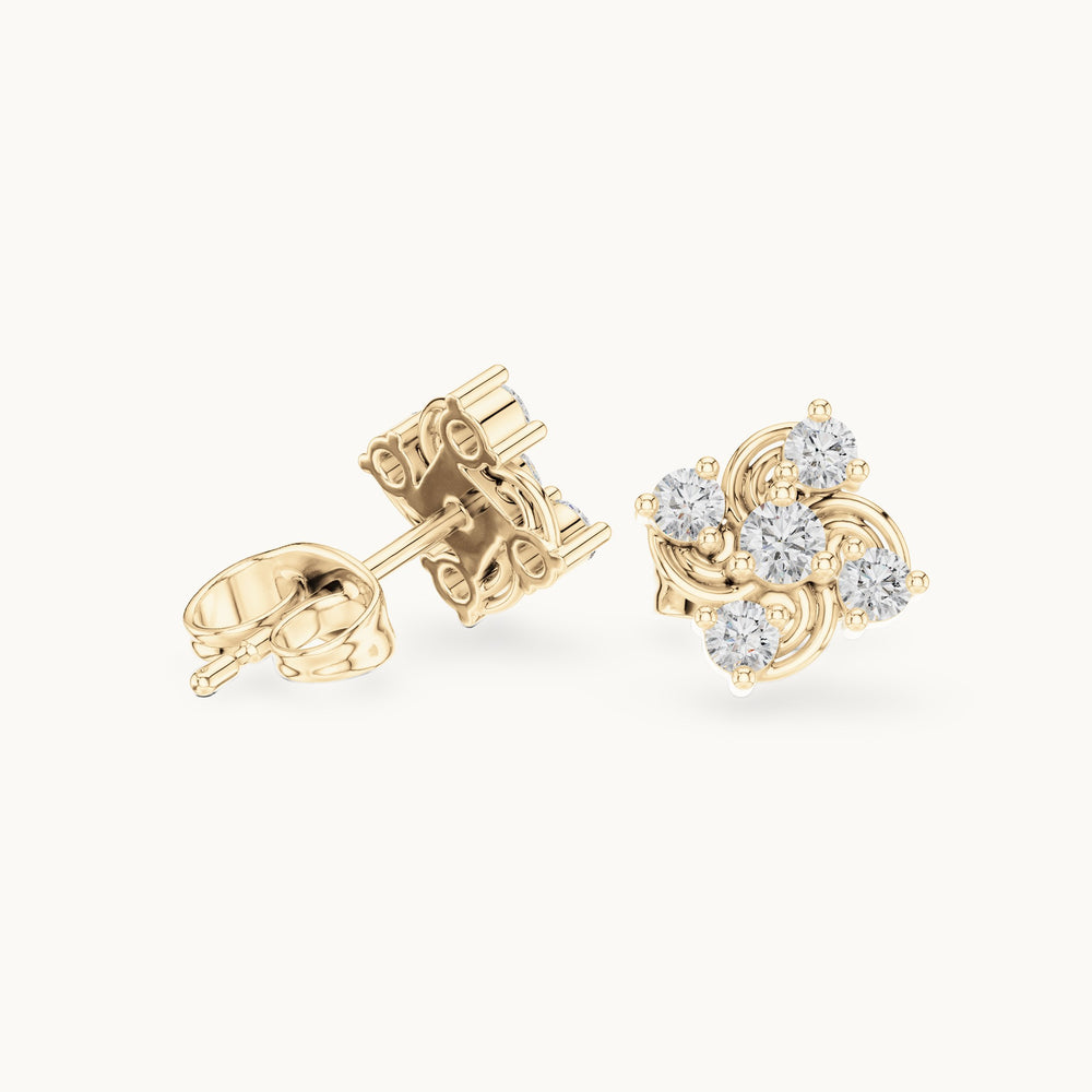 Round lab-grown diamond swirl cluster stud earrings in yellow gold, 0.33 CT TW, view 1