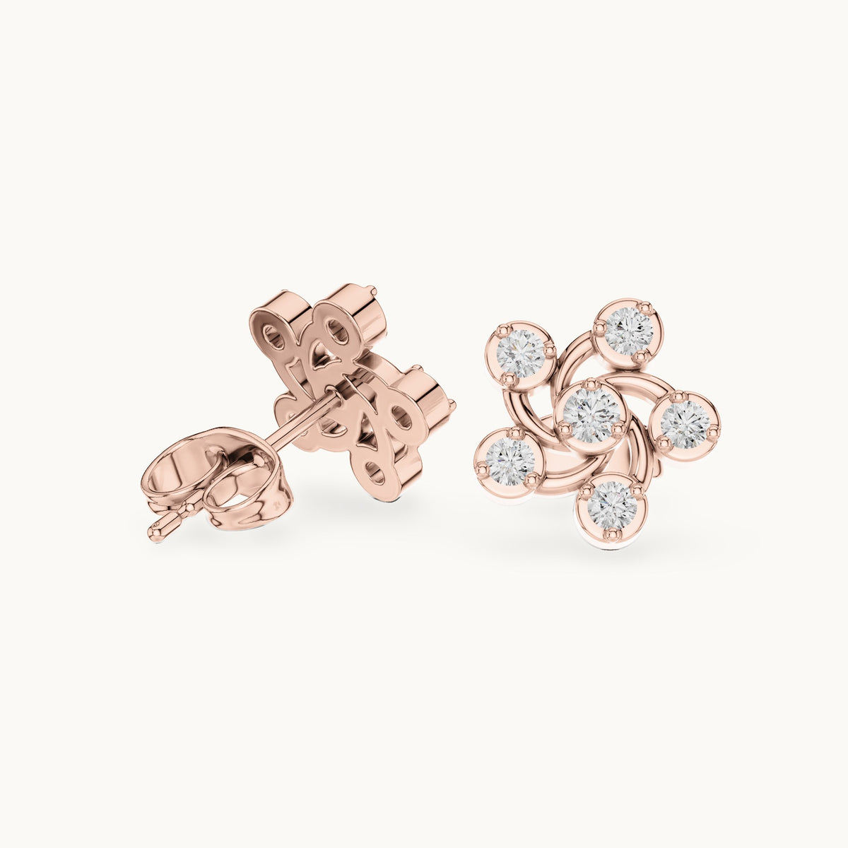 Round lab-grown diamond open pinwheel stud earrings in rose gold, 0.39 CT TW, view 1