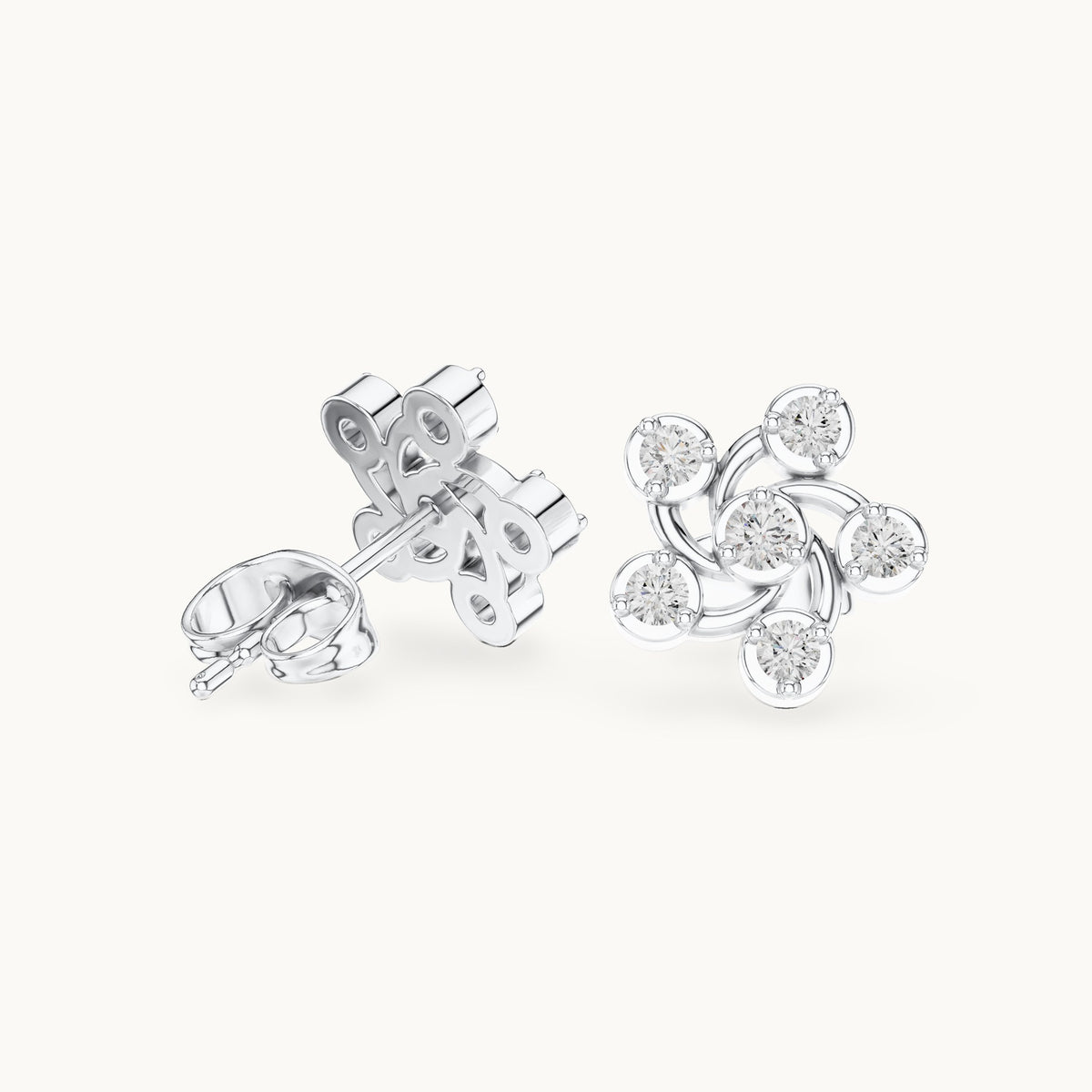 Round lab-grown diamond open pinwheel stud earrings in white gold, 0.39 CT TW, view 1