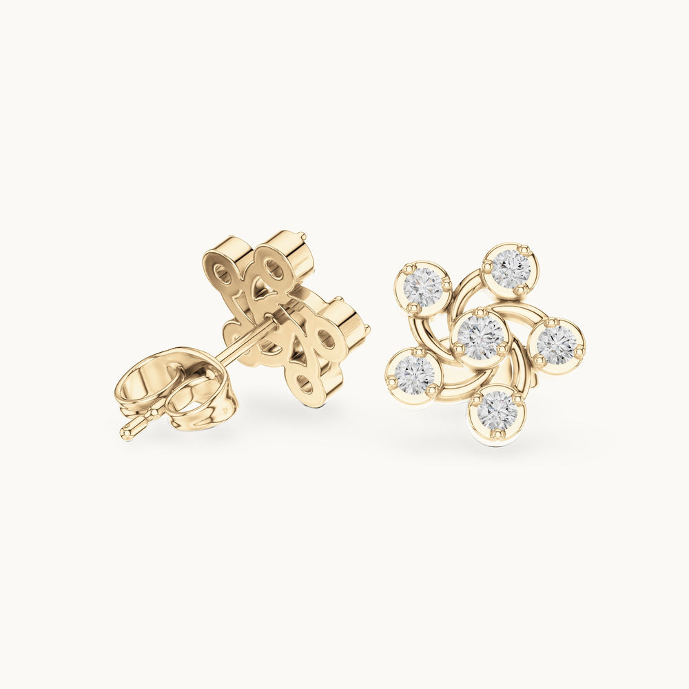 Round lab-grown diamond open pinwheel stud earrings in yellow gold, 0.39 CT TW, view 1
