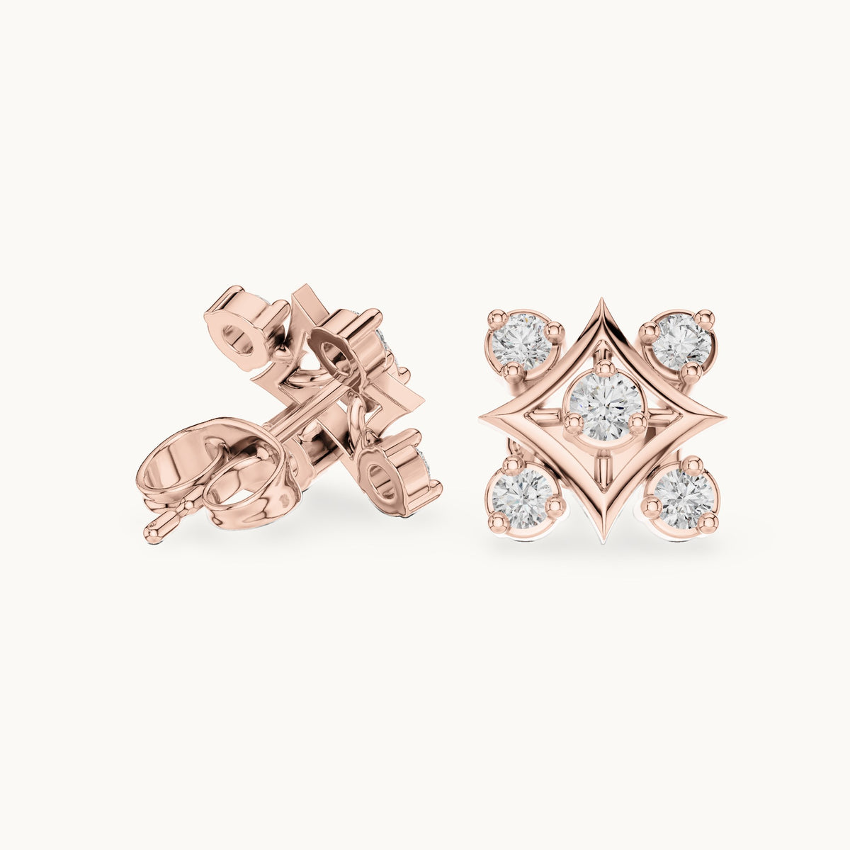 Round lab-grown diamond star frame five-stone stud earrings in rose gold, 0.33 CT TW, view 1