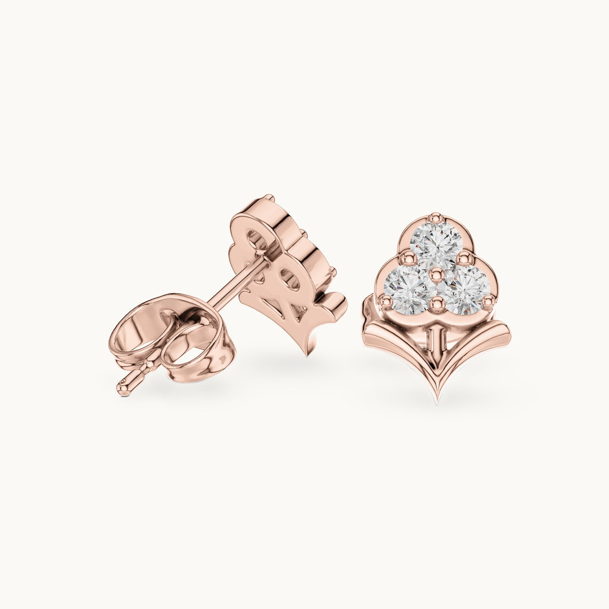 Round lab-grown diamond three-stone trefoil stud earrings in rose gold, 0.30 CT TW, view 1