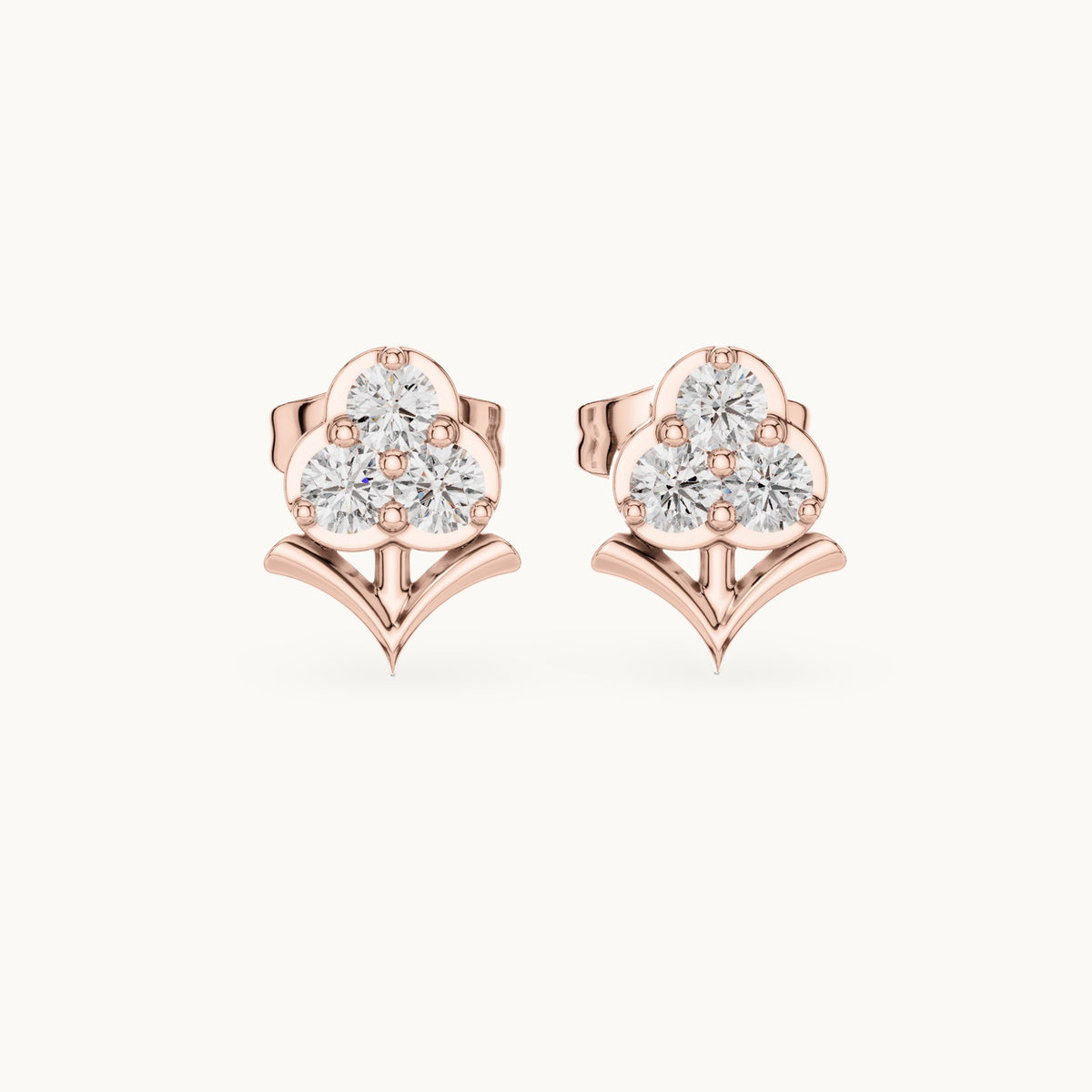 Round lab-grown diamond three-stone trefoil stud earrings in rose gold, 0.30 CT TW, view 4