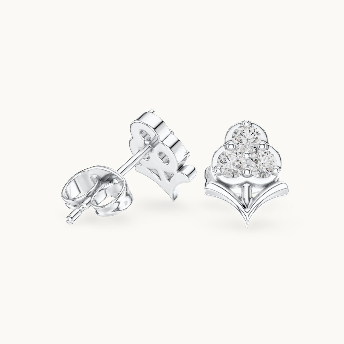 Round lab-grown diamond three-stone trefoil stud earrings in white gold, 0.30 CT TW, view 1