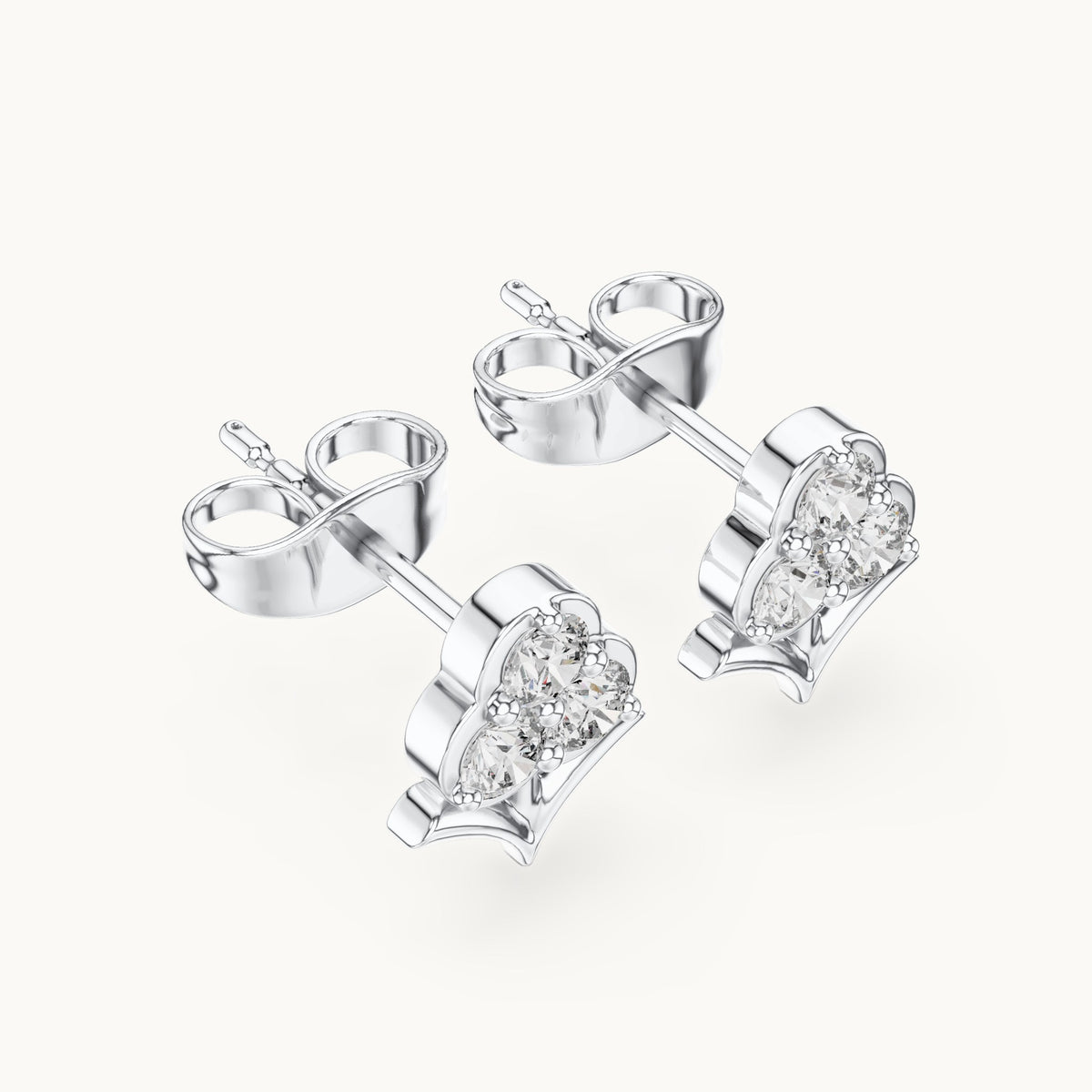 Round lab-grown diamond three-stone trefoil stud earrings in white gold, 0.30 CT TW, view 2