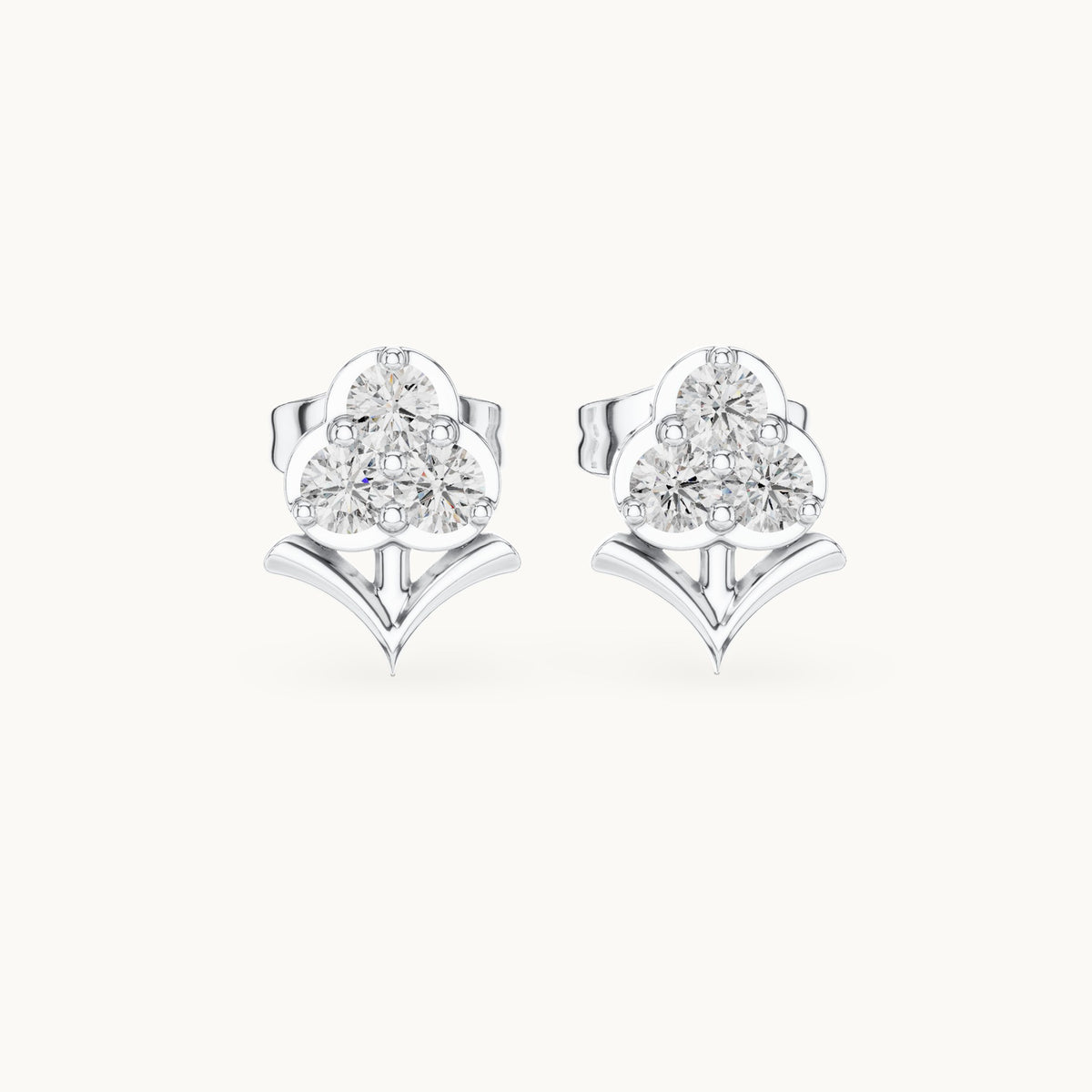 Round lab-grown diamond three-stone trefoil stud earrings in white gold, 0.30 CT TW, view 4