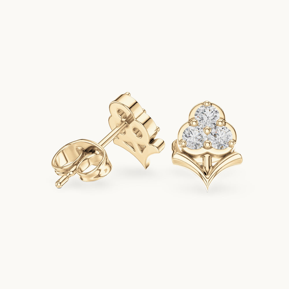 Round lab-grown diamond three-stone trefoil stud earrings in yellow gold, 0.30 CT TW, view 1