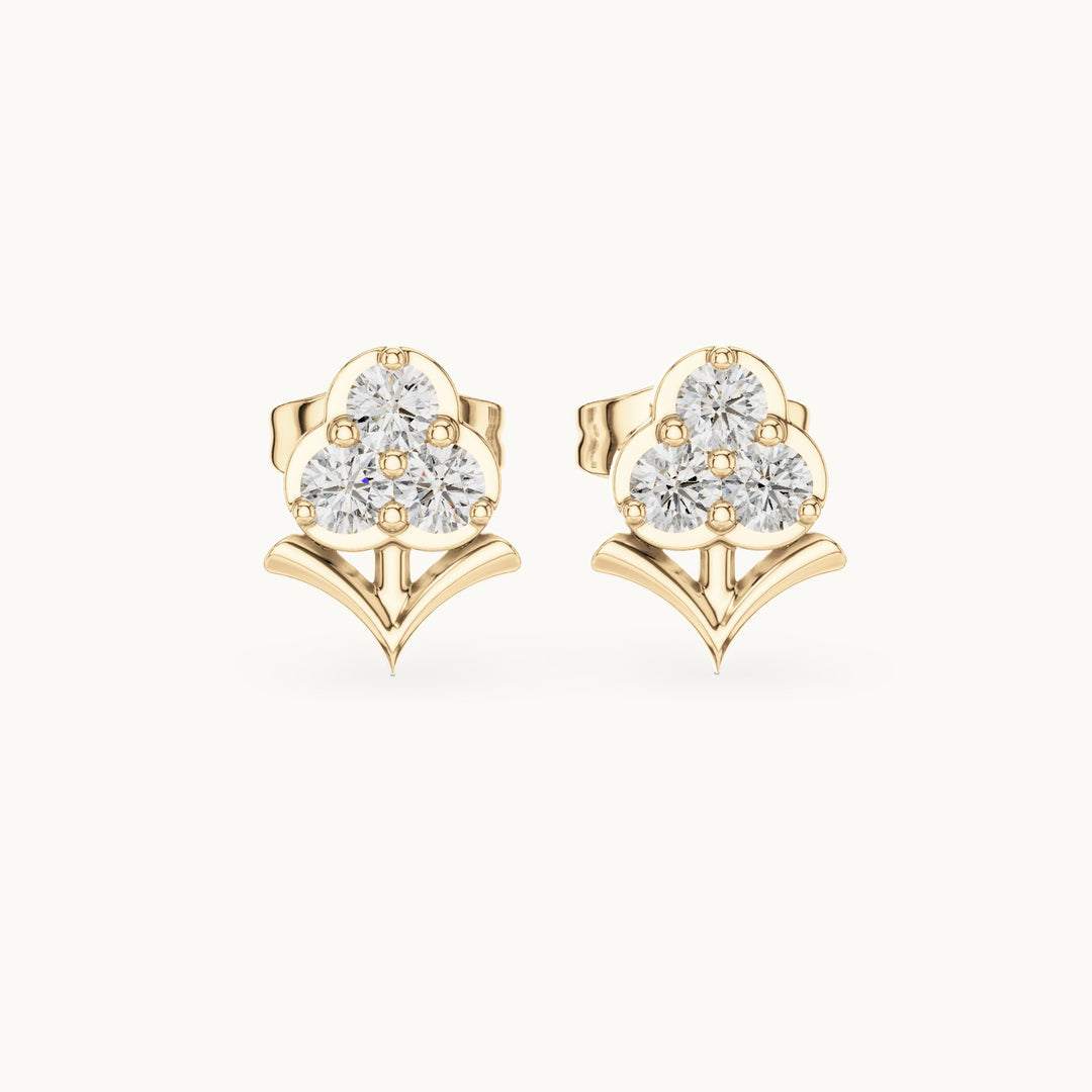 Round lab-grown diamond three-stone trefoil stud earrings in yellow gold, 0.30 CT TW, view 4