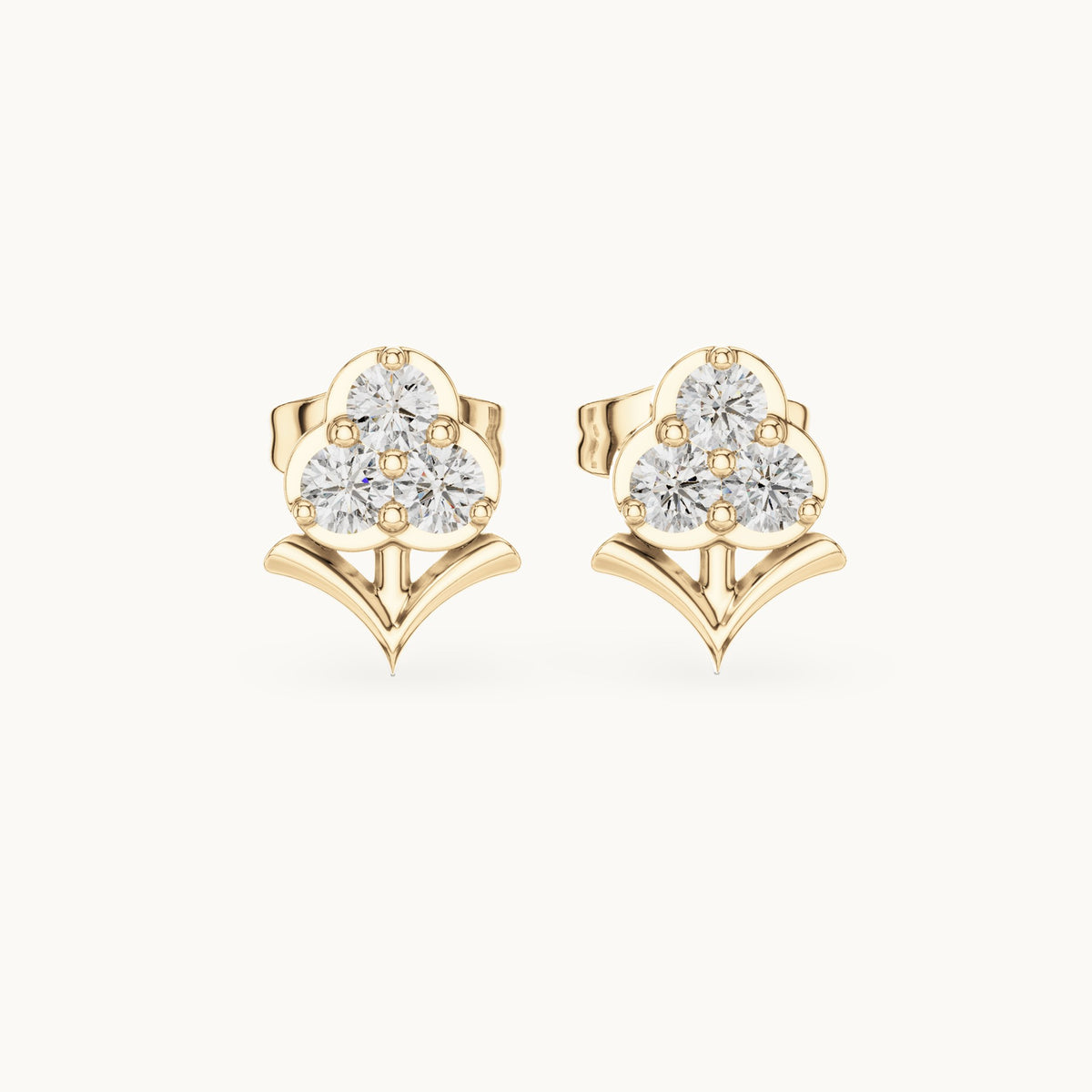 Round lab-grown diamond three-stone trefoil stud earrings in yellow gold, 0.30 CT TW, view 4