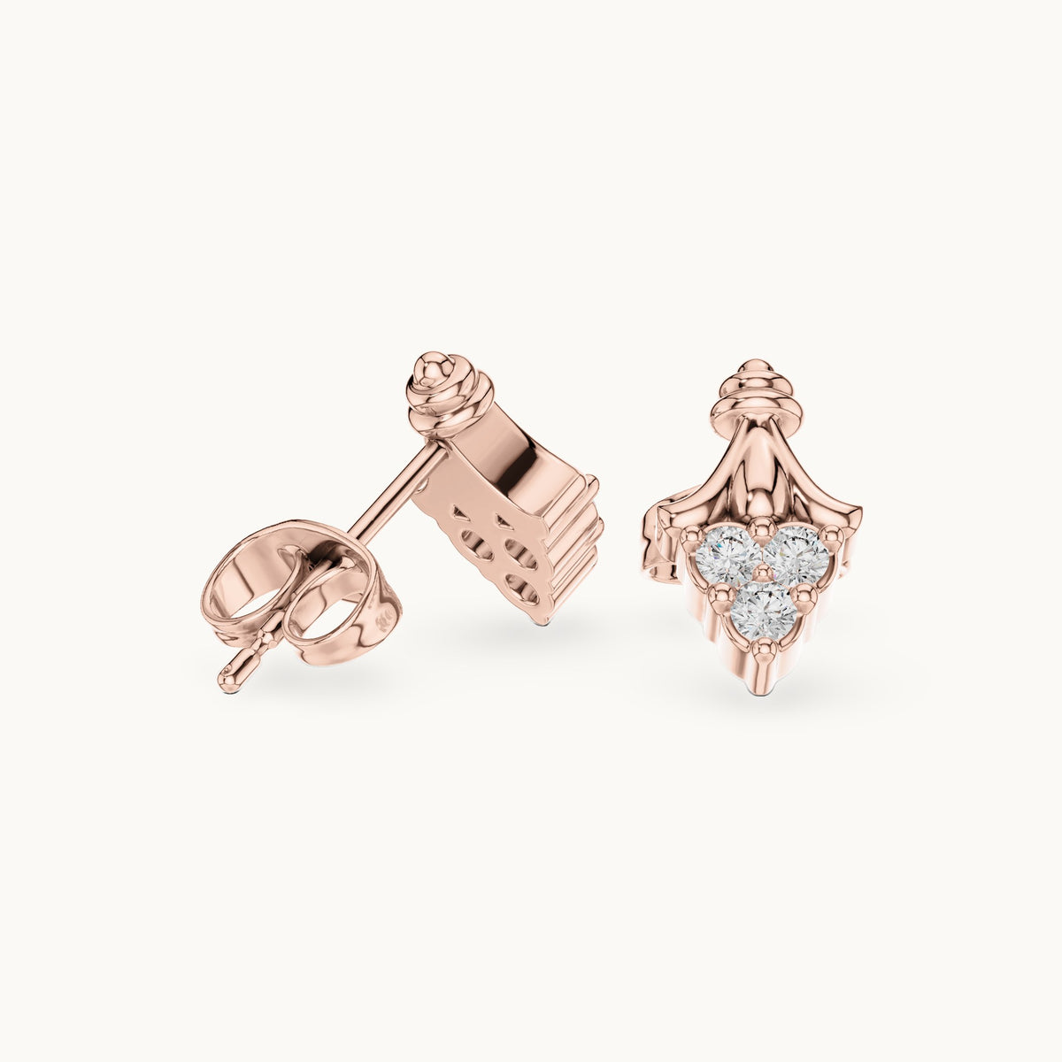 Round lab-grown diamond ornate trio cluster stud earrings in rose gold, 0.18 CT TW, view 1