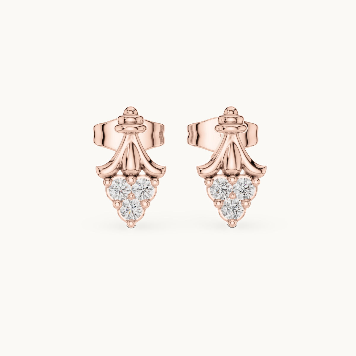 Round lab-grown diamond ornate trio cluster stud earrings in rose gold, 0.18 CT TW, view 4
