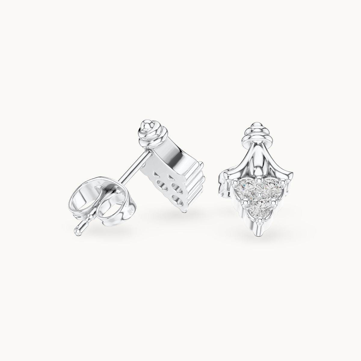 Round lab-grown diamond ornate trio cluster stud earrings in white gold, 0.18 CT TW, view 1
