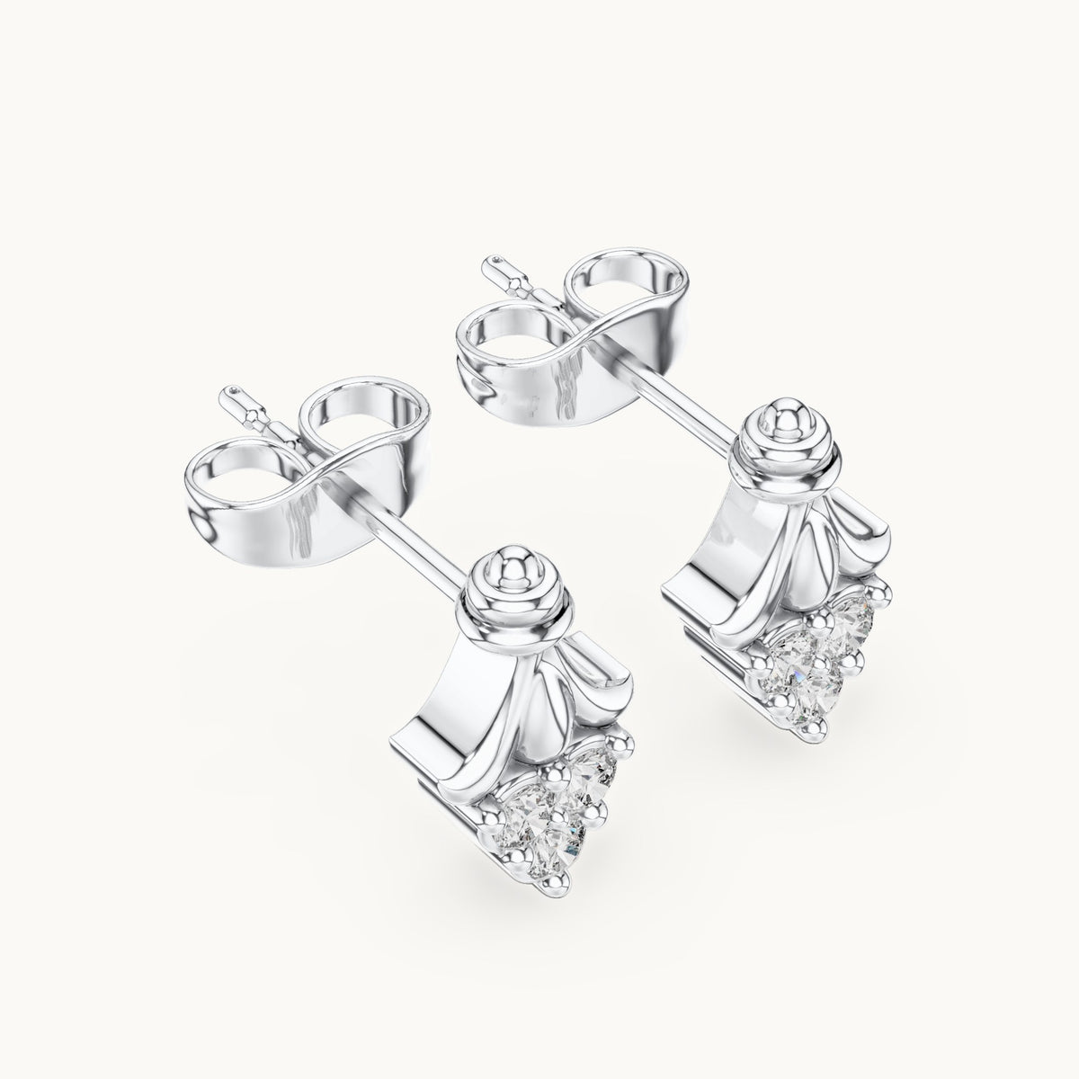 Round lab-grown diamond ornate trio cluster stud earrings in white gold, 0.18 CT TW, view 2