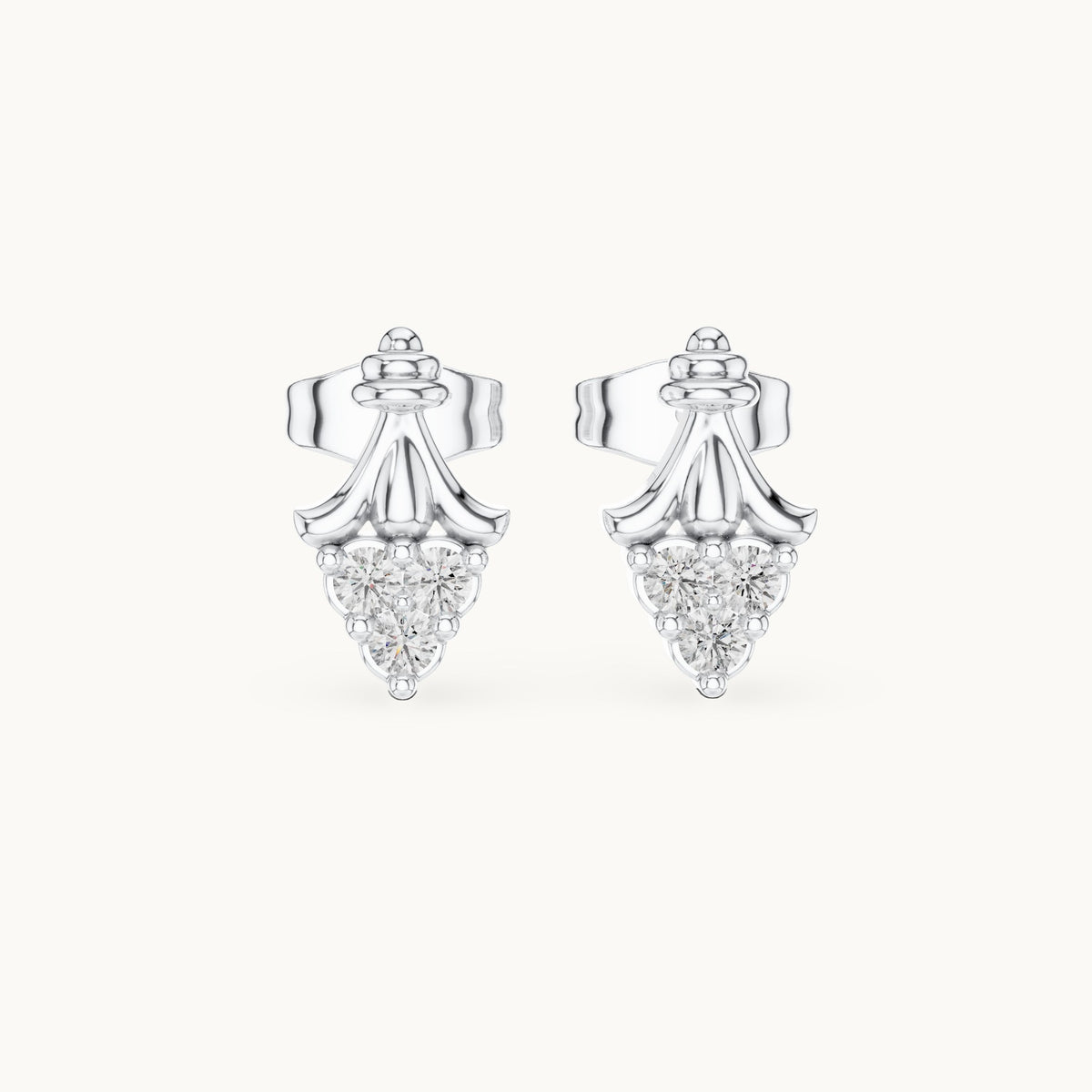 Round lab-grown diamond ornate trio cluster stud earrings in white gold, 0.18 CT TW, view 4