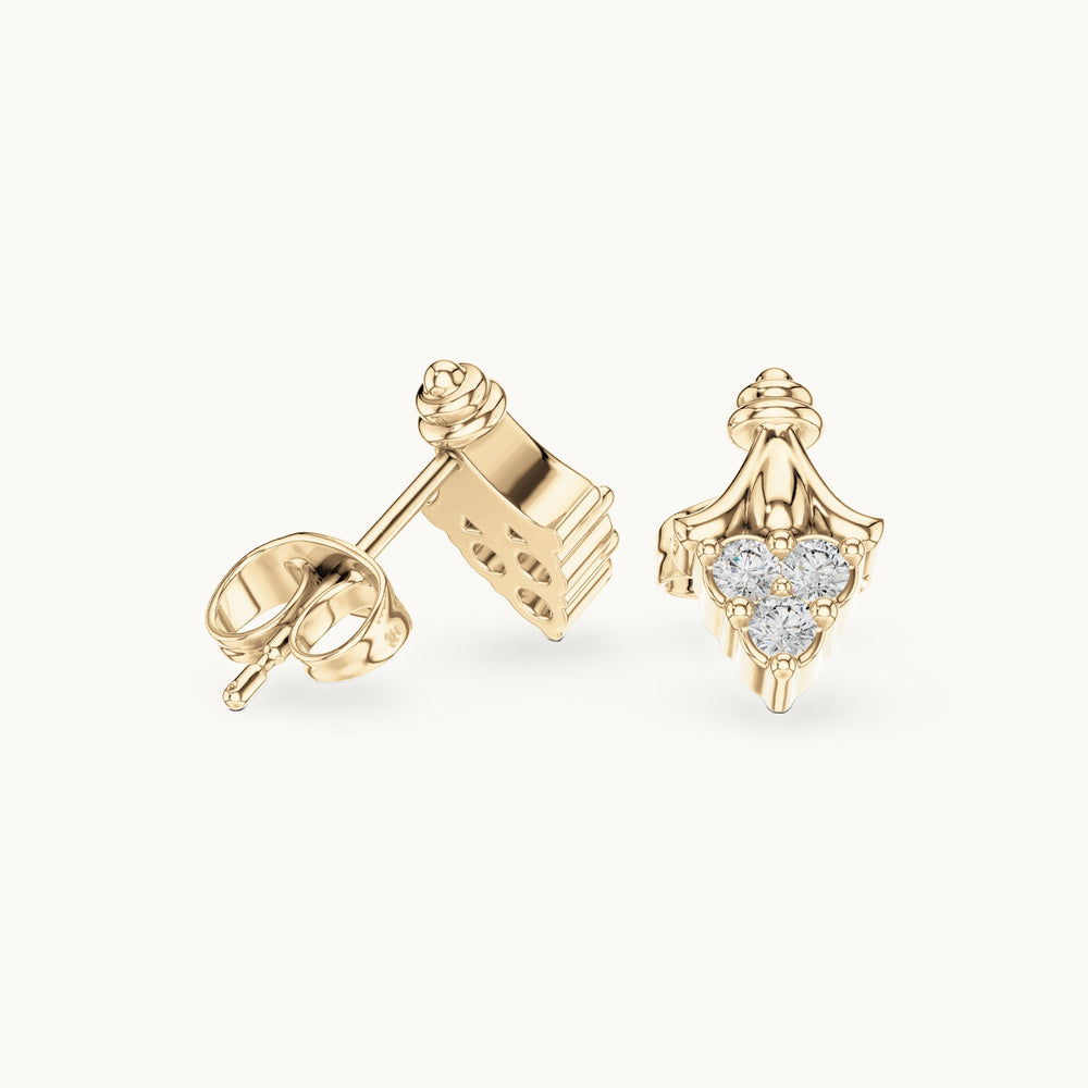Round lab-grown diamond ornate trio cluster stud earrings in yellow gold, 0.18 CT TW, view 1