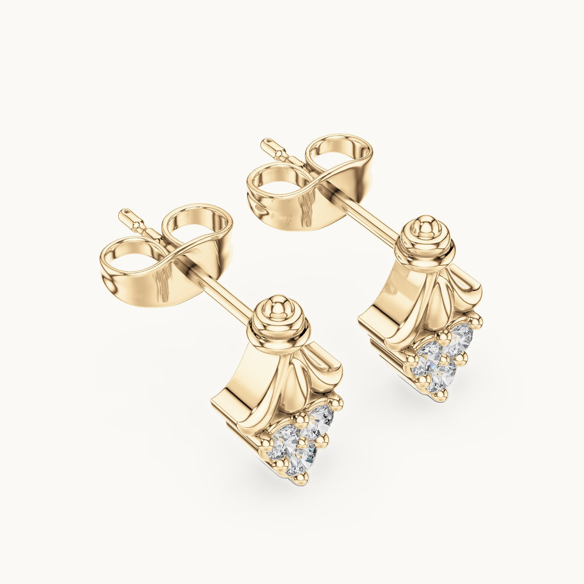 Round lab-grown diamond ornate trio cluster stud earrings in yellow gold, 0.18 CT TW, view 2