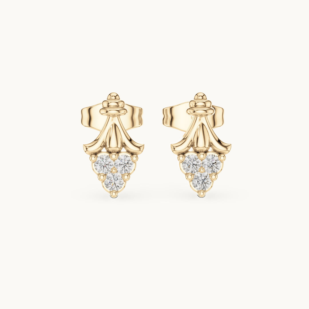 Round lab-grown diamond ornate trio cluster stud earrings in yellow gold, 0.18 CT TW, view 4