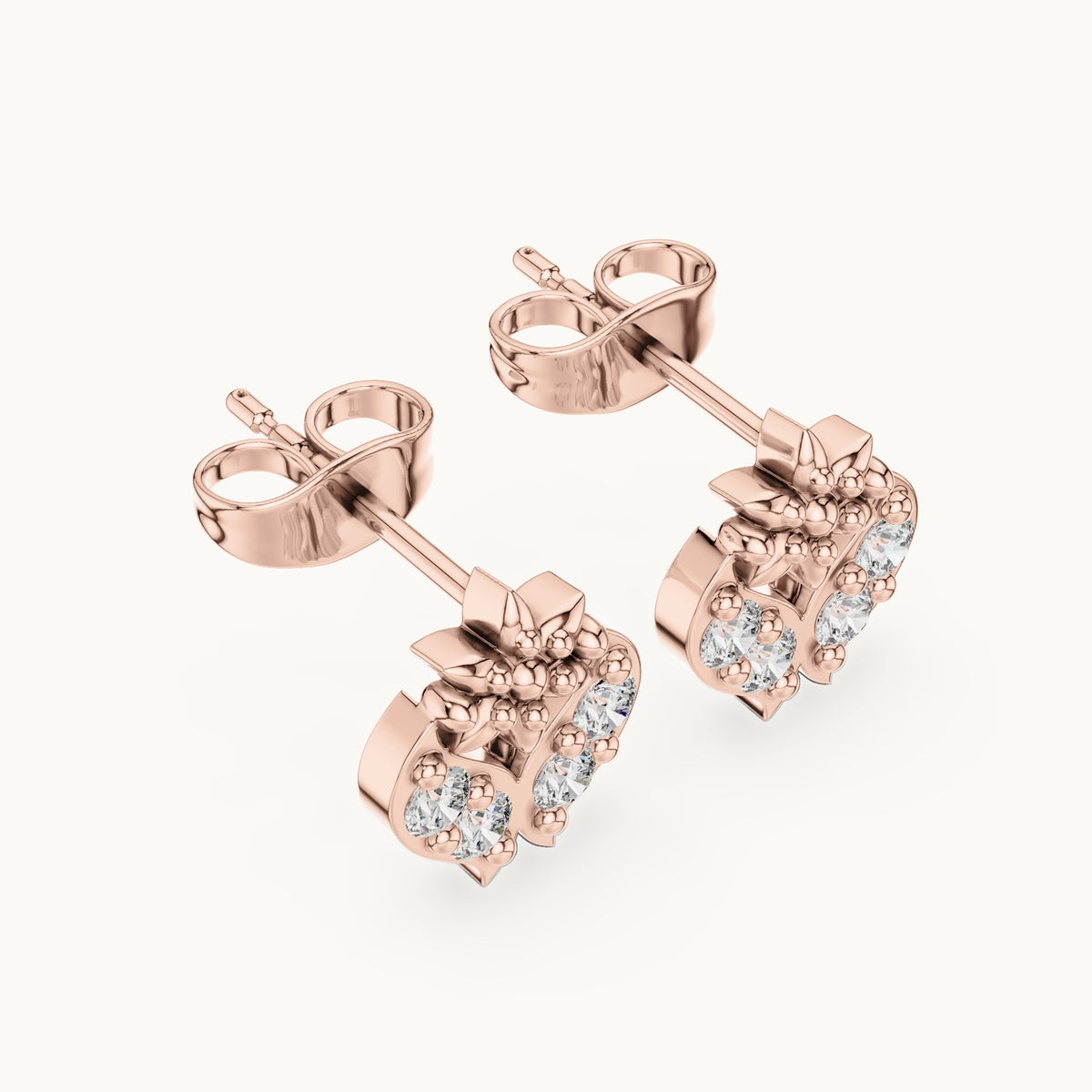 Round lab-grown diamond floral motif stud earrings in rose gold, 0.28 CT TW, view 2