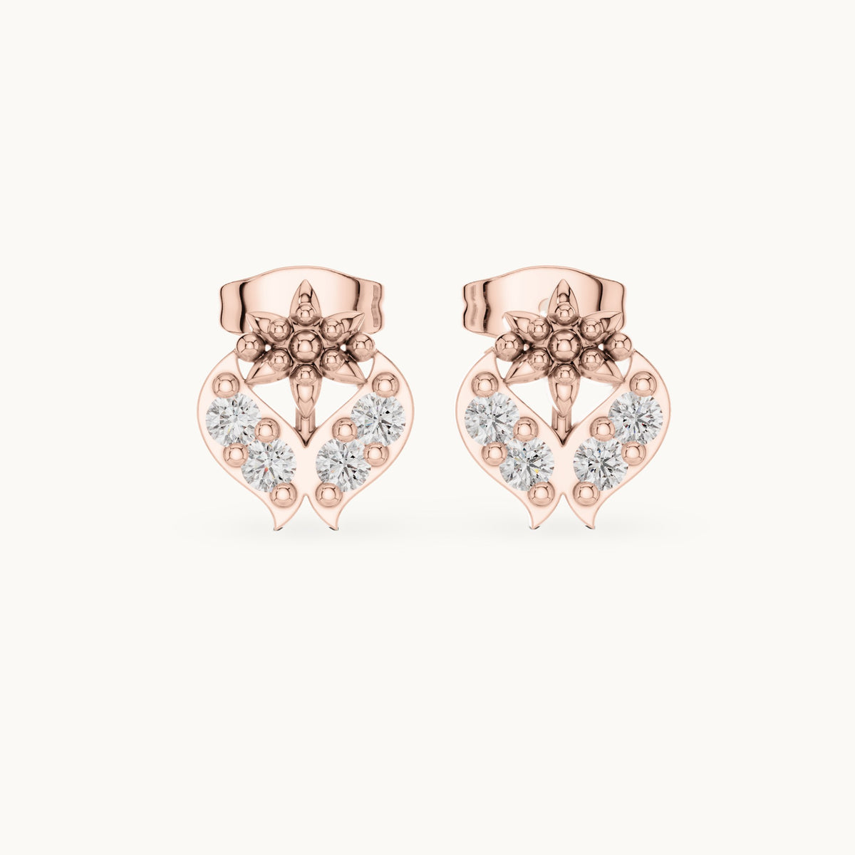 Round lab-grown diamond floral motif stud earrings in rose gold, 0.28 CT TW, view 4