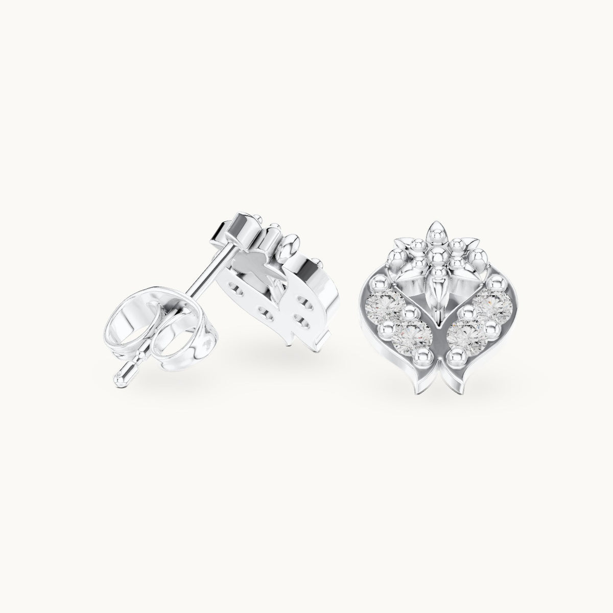 Round lab-grown diamond floral motif stud earrings in white gold, 0.28 CT TW, view 1