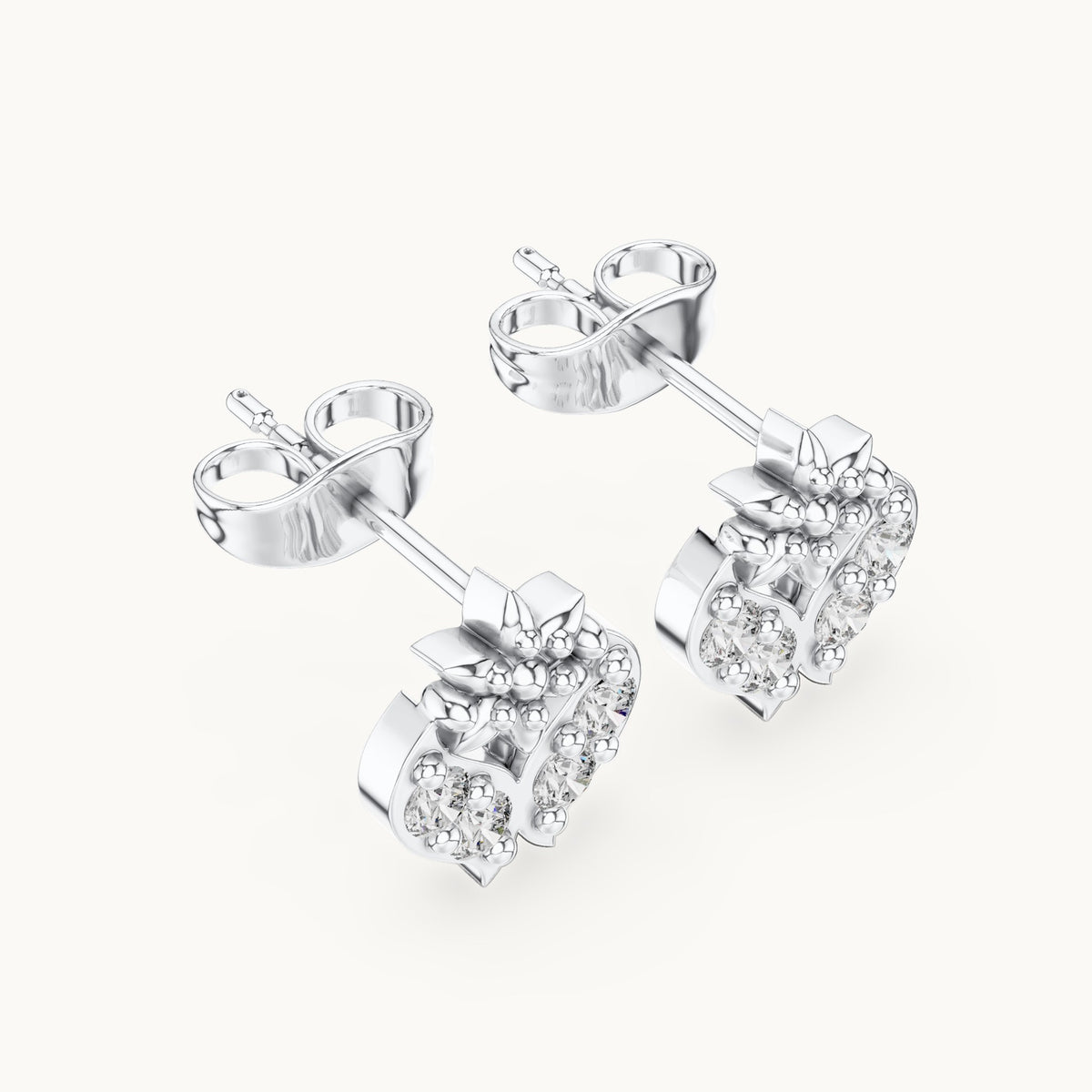 Round lab-grown diamond floral motif stud earrings in white gold, 0.28 CT TW, view 2