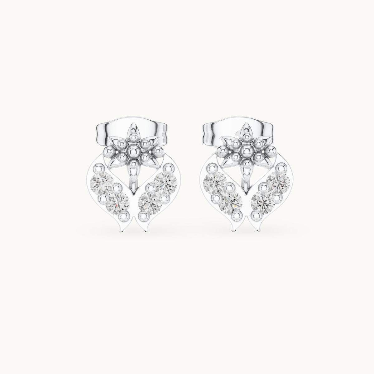 Round lab-grown diamond floral motif stud earrings in white gold, 0.28 CT TW, view 4