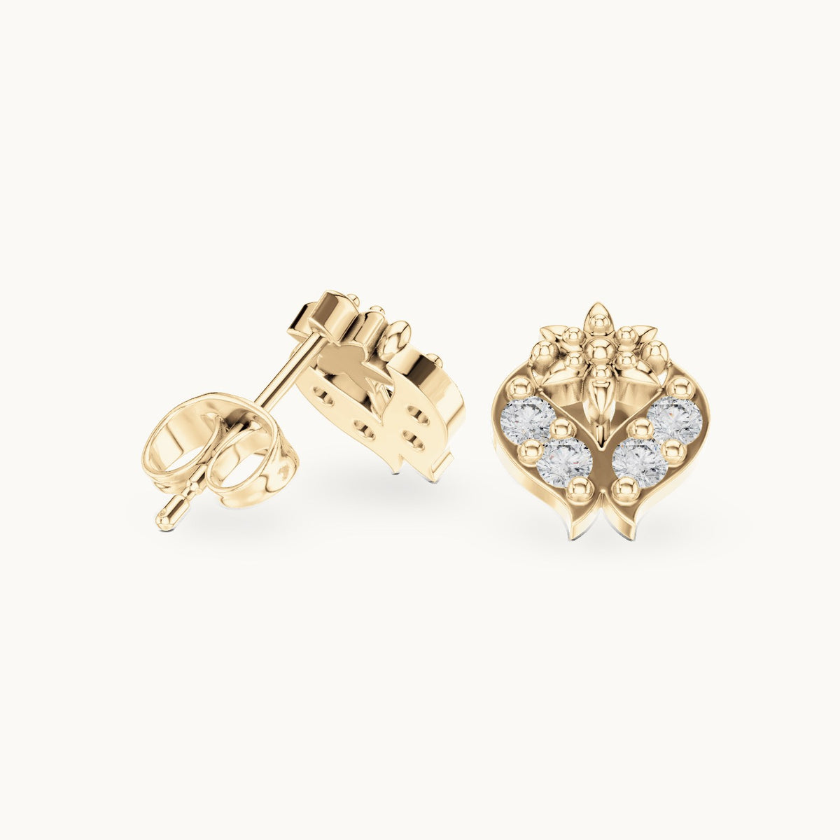 Round lab-grown diamond floral motif stud earrings in yellow gold, 0.28 CT TW, view 1