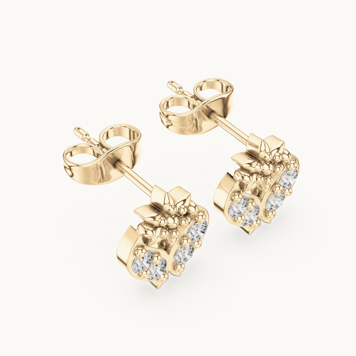 Round lab-grown diamond floral motif stud earrings in yellow gold, 0.28 CT TW, view 2