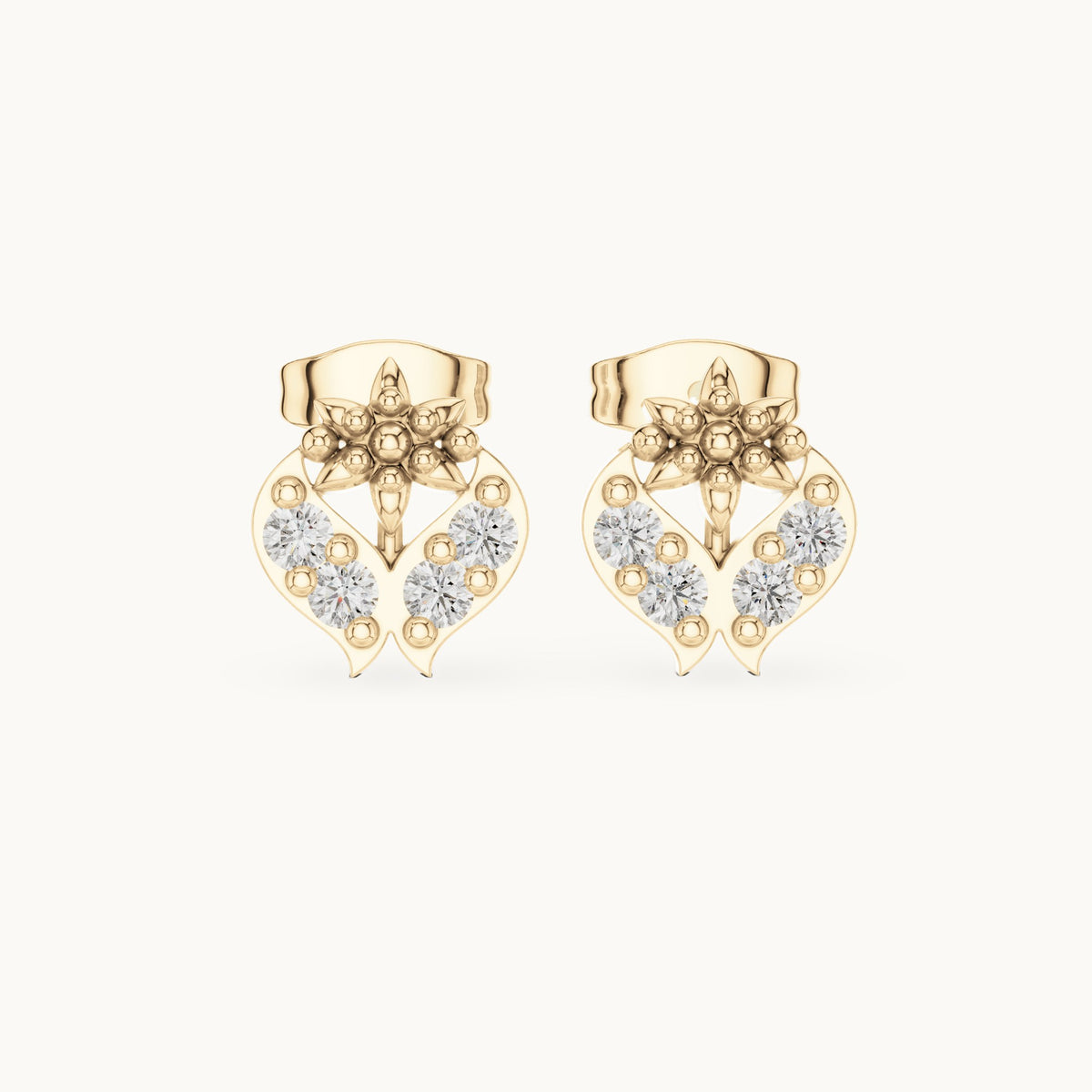 Round lab-grown diamond floral motif stud earrings in yellow gold, 0.28 CT TW, view 4