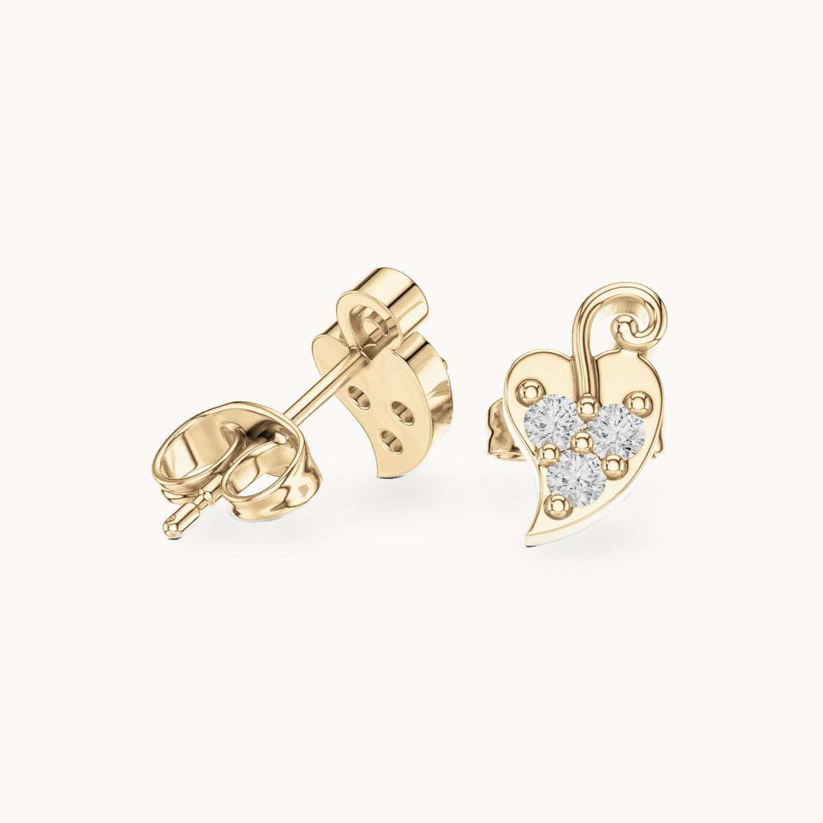Round lab-grown diamond leaf trio stud earrings in yellow gold, 0.21 CT TW, view 1