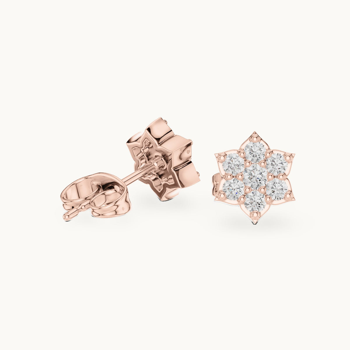 Round lab-grown diamond seven-stone star flower stud earrings in rose gold, 0.38 CT TW, view 1