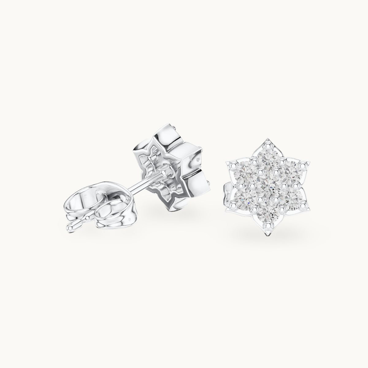 Round lab-grown diamond seven-stone star flower stud earrings in white gold, 0.38 CT TW, view 1