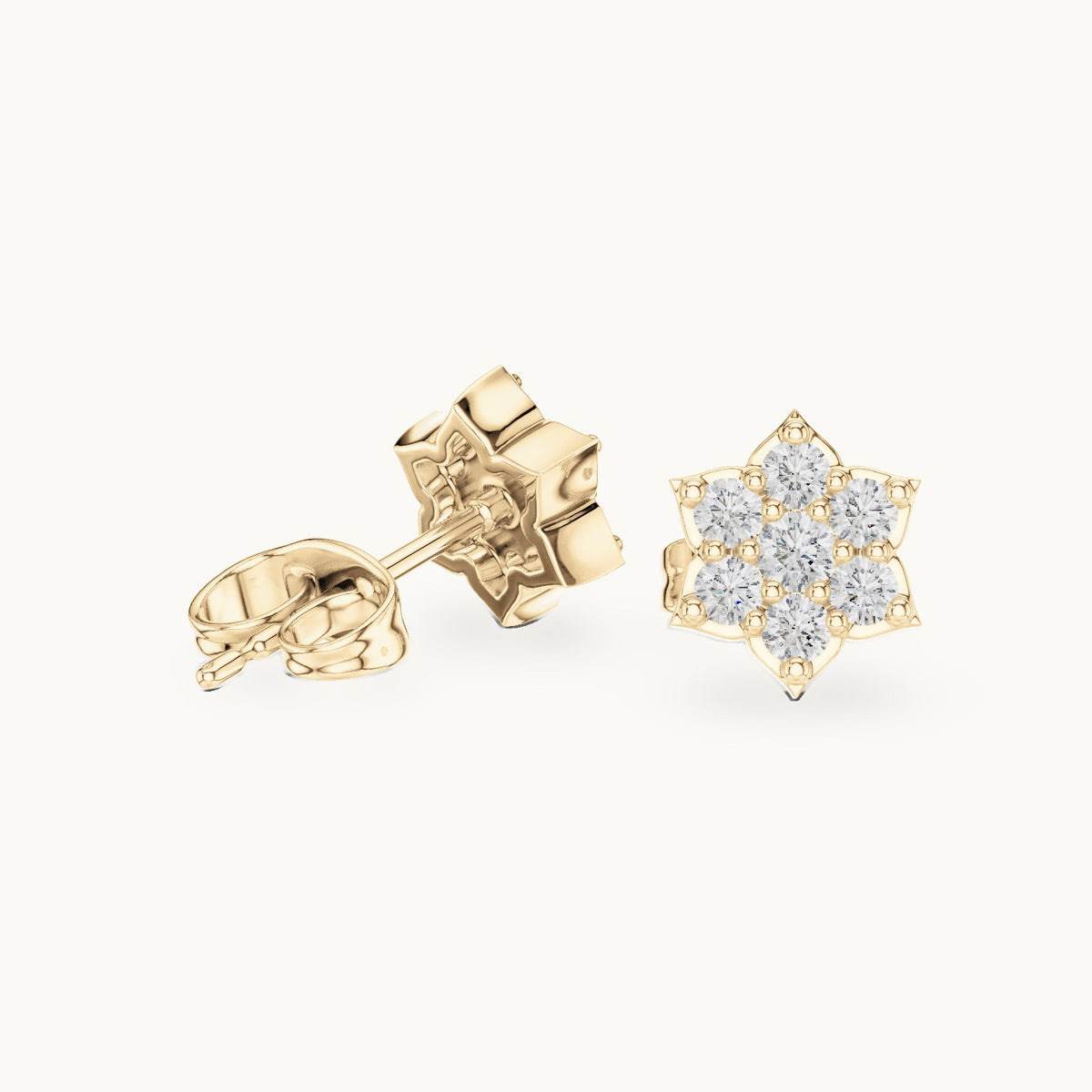 Round lab-grown diamond seven-stone star flower stud earrings in yellow gold, 0.38 CT TW, view 1