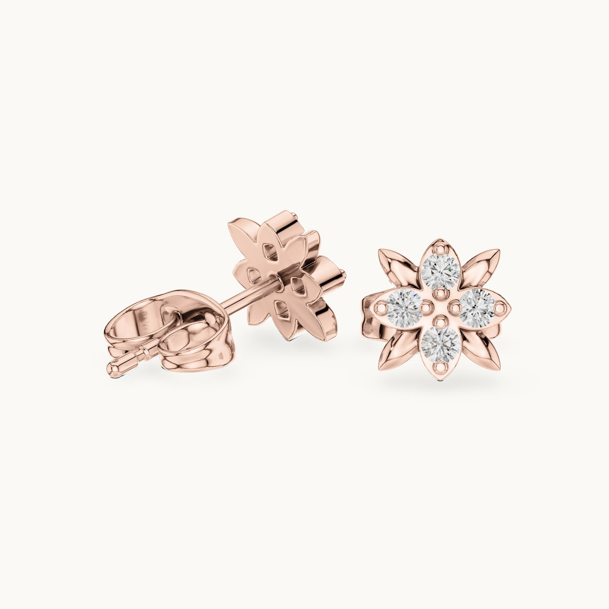 Round lab-grown diamond four-stone flower stud earrings in rose gold, 0.14 CT TW, view 1