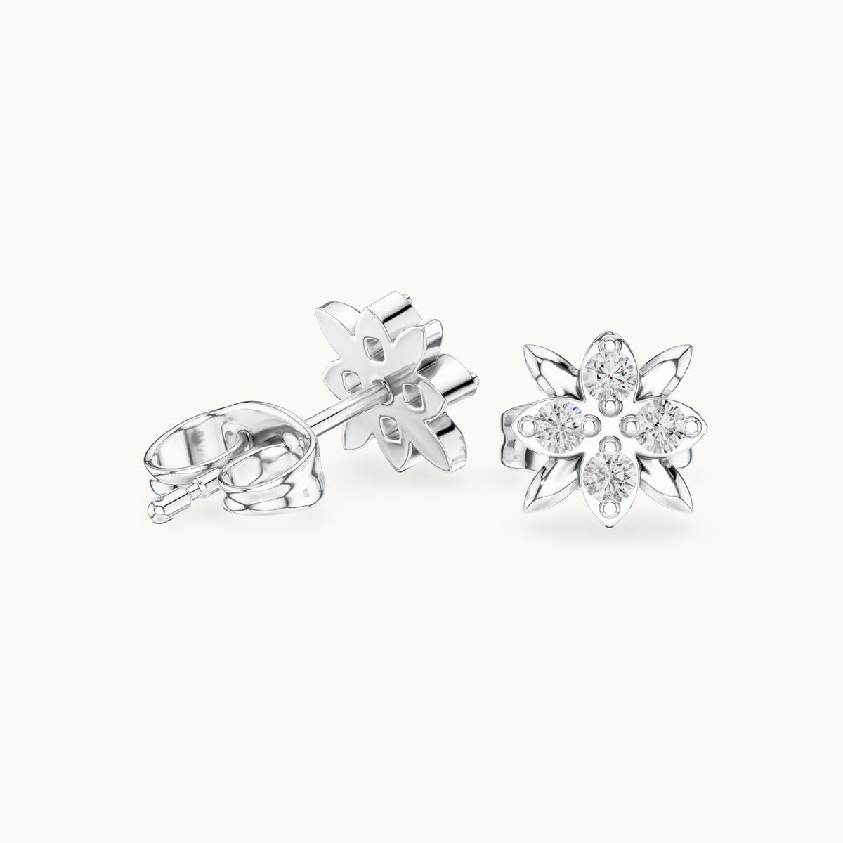 Round lab-grown diamond four-stone flower stud earrings in white gold, 0.14 CT TW, view 1