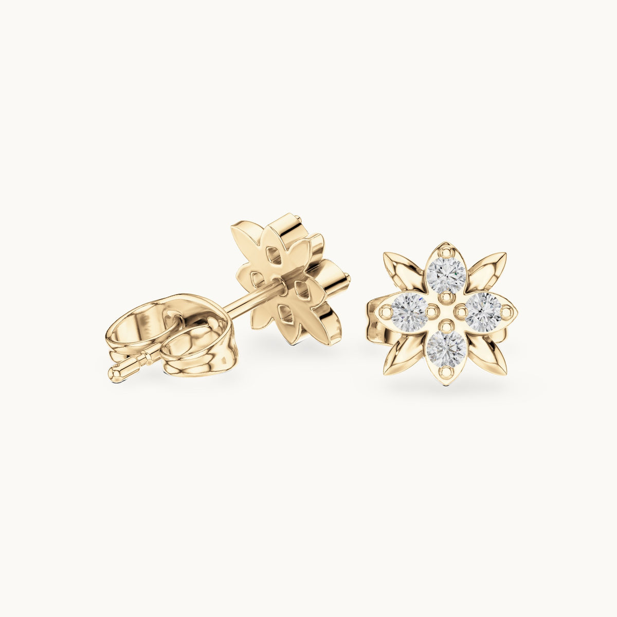 Round lab-grown diamond four-stone flower stud earrings in yellow gold, 0.14 CT TW, view 1