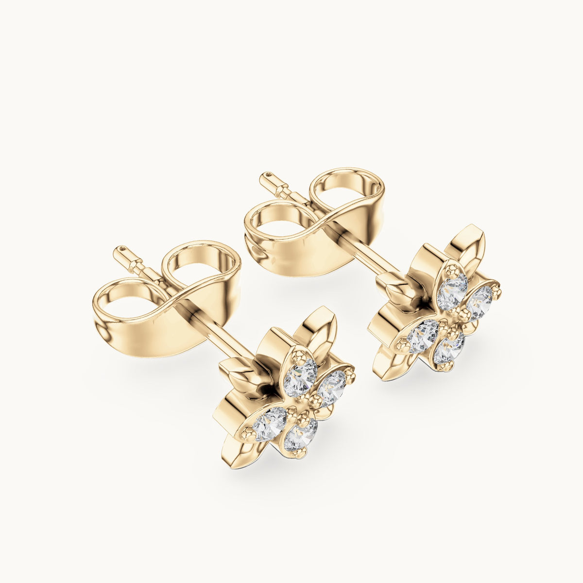 Round lab-grown diamond four-stone flower stud earrings in yellow gold, 0.14 CT TW, view 2