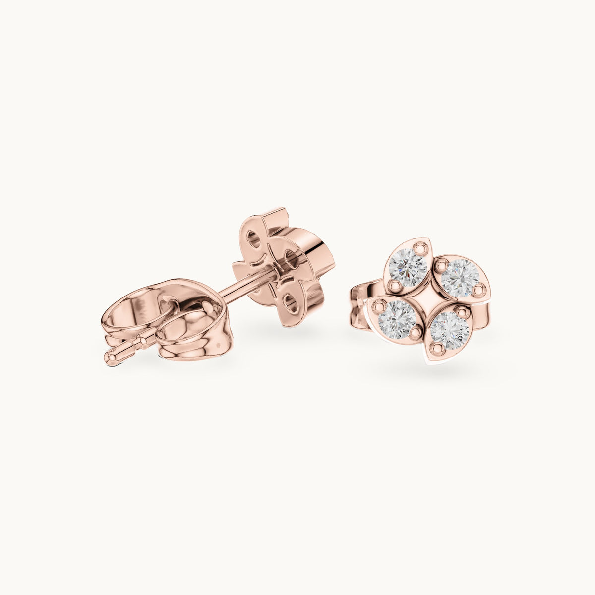 Round lab-grown diamond four-leaf clover stud earrings in rose gold, 0.14 CT TW, view 1