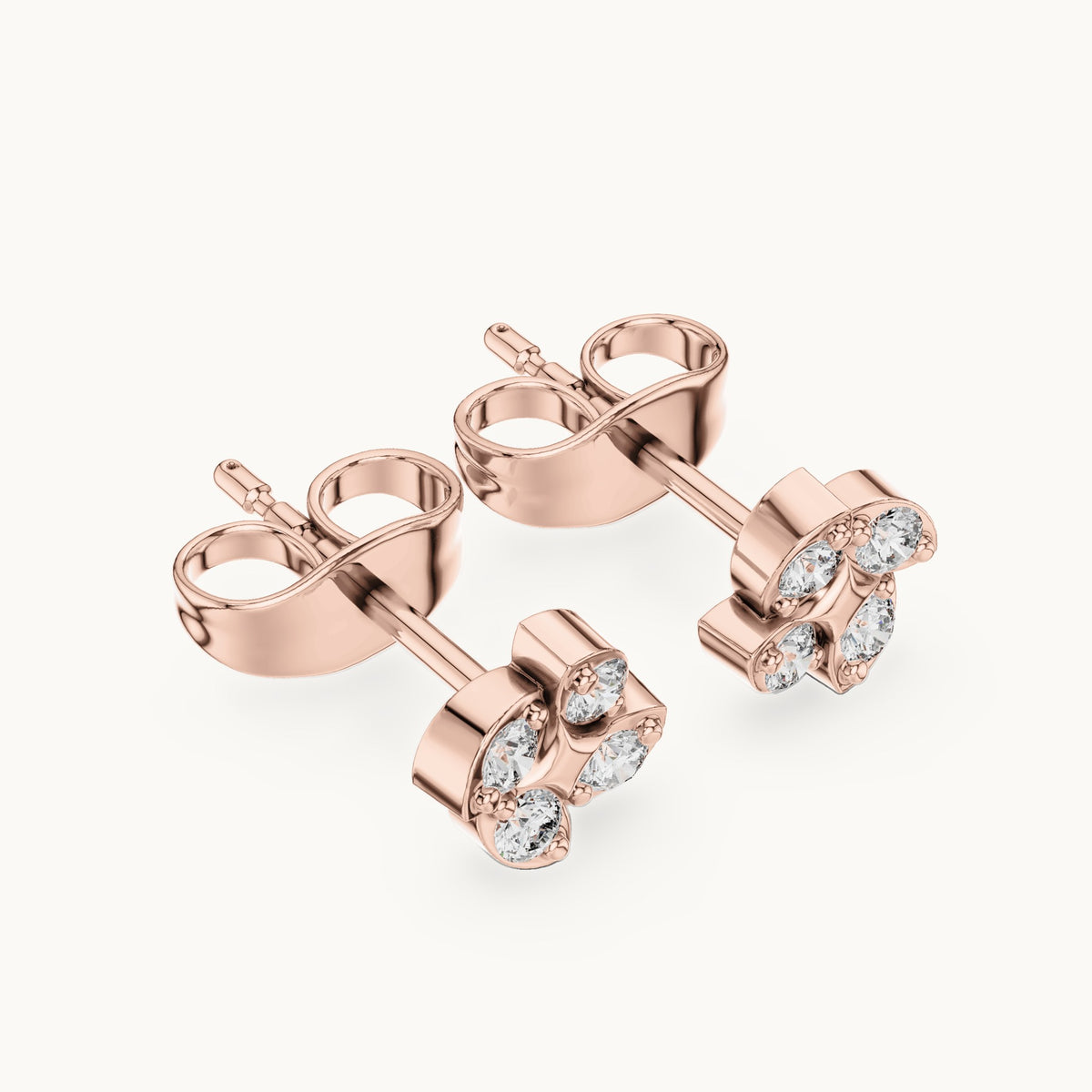 Round lab-grown diamond four-leaf clover stud earrings in rose gold, 0.14 CT TW, view 2