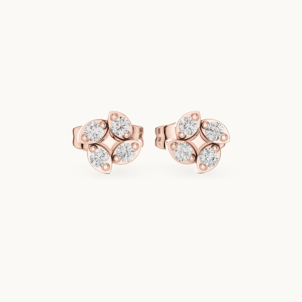Round lab-grown diamond four-leaf clover stud earrings in rose gold, 0.14 CT TW, view 4
