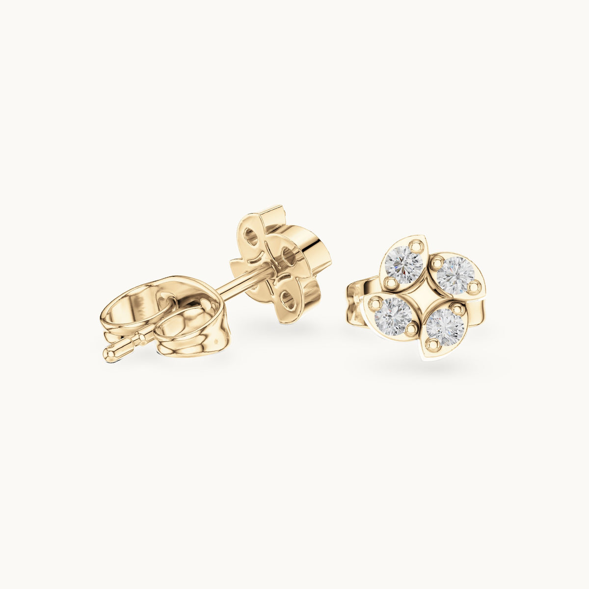 Round lab-grown diamond four-leaf clover stud earrings in yellow gold, 0.14 CT TW, view 1