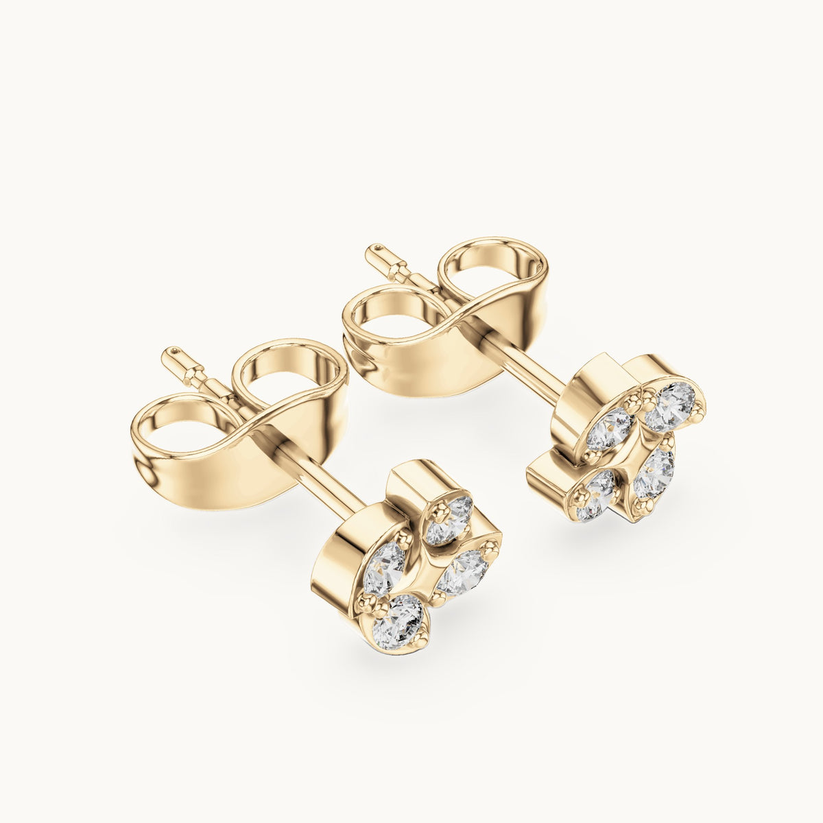 Round lab-grown diamond four-leaf clover stud earrings in yellow gold, 0.14 CT TW, view 2