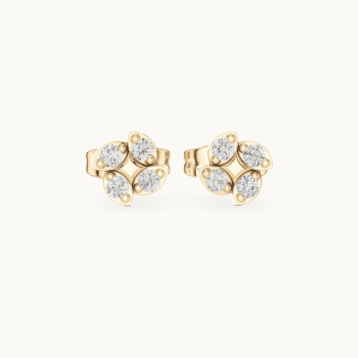 Round lab-grown diamond four-leaf clover stud earrings in yellow gold, 0.14 CT TW, view 4