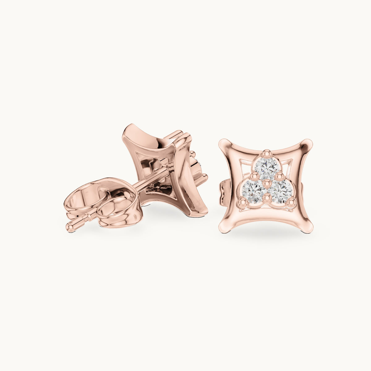 Round lab-grown diamond three-stone square frame stud earrings in rose gold, 0.12 CT TW, view 1