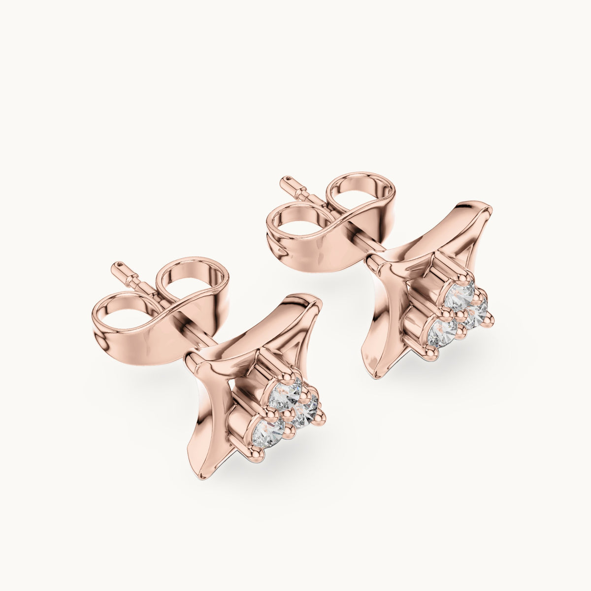 Round lab-grown diamond three-stone square frame stud earrings in rose gold, 0.12 CT TW, view 2