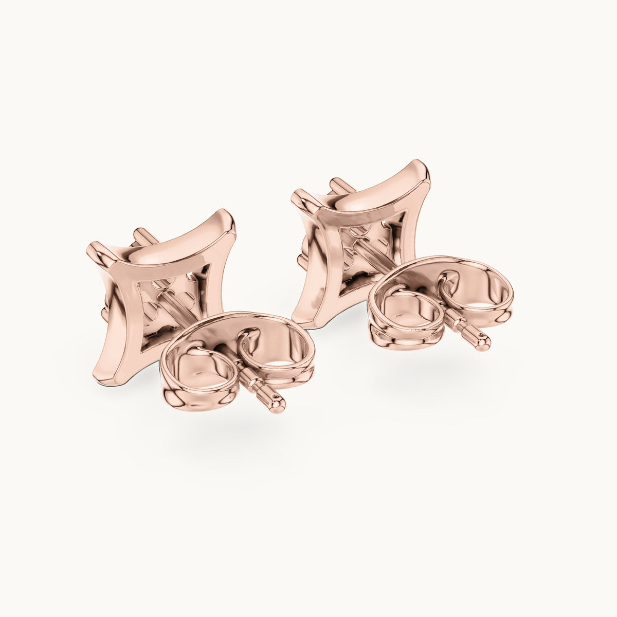 Round lab-grown diamond three-stone square frame stud earrings in rose gold, 0.12 CT TW, view 3
