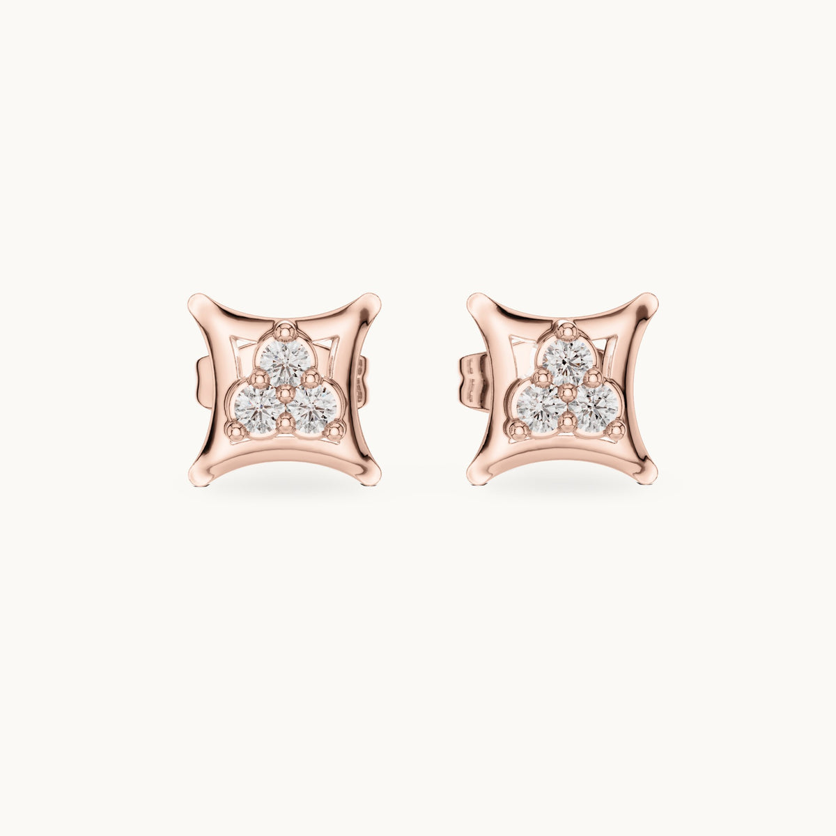 Round lab-grown diamond three-stone square frame stud earrings in rose gold, 0.12 CT TW, view 4